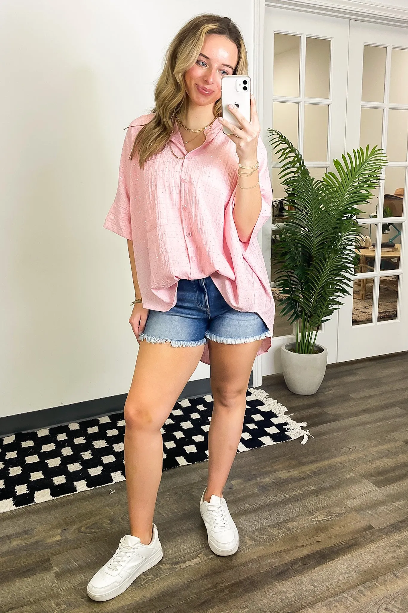 Crowd Pleaser Rhinestone Embellished Button Down Top