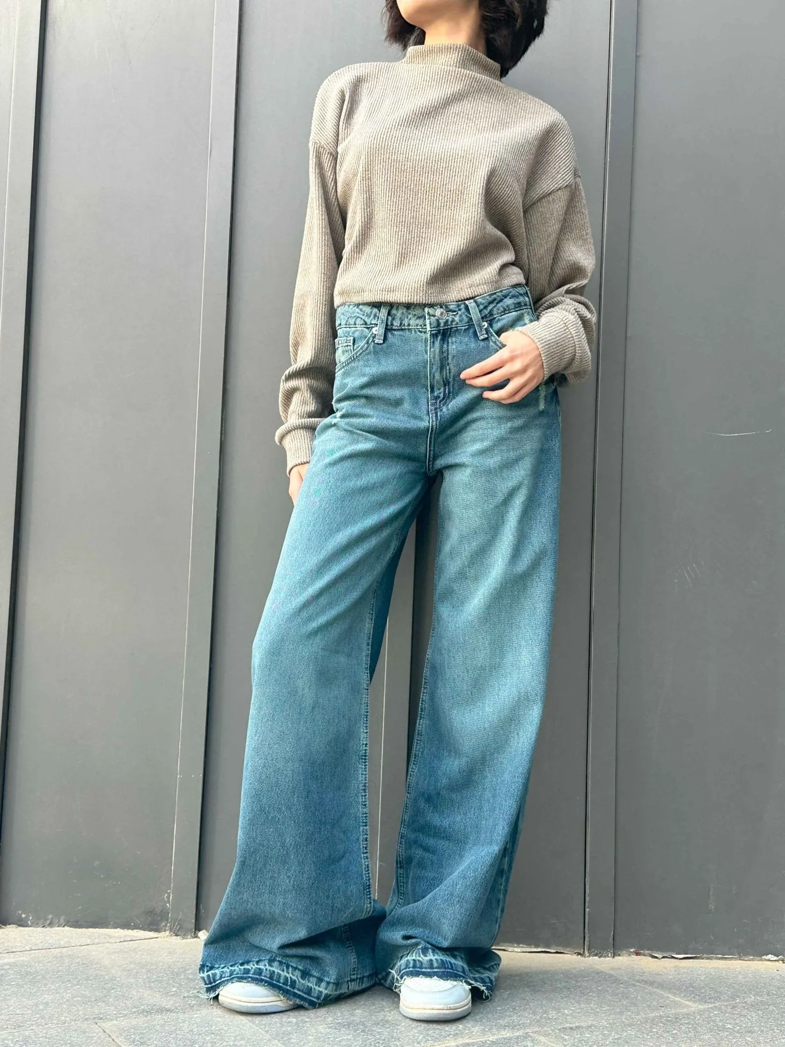 Extreme Wide Leg - Mid Vintage Blue Green Raw Hems Jeans.