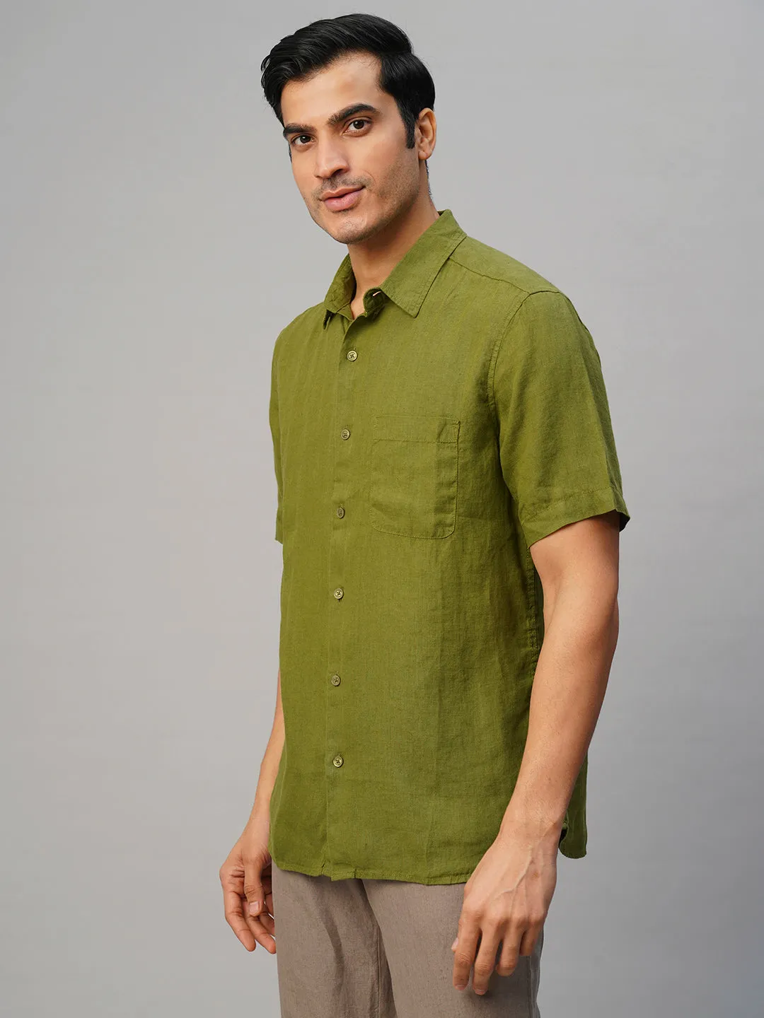 Men's Olive 100% Linen Regular Fit Shirt